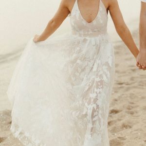 White lace dress perfect for engagement photos!